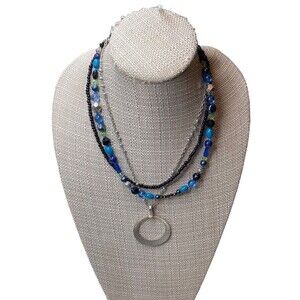 Royal Crown Blue Green Multi Chain Beaded With Silver Toned Circle Necklace